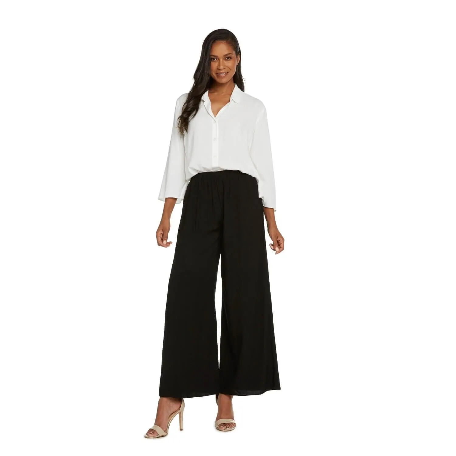 Solid Long Wide Leg Pants - Black