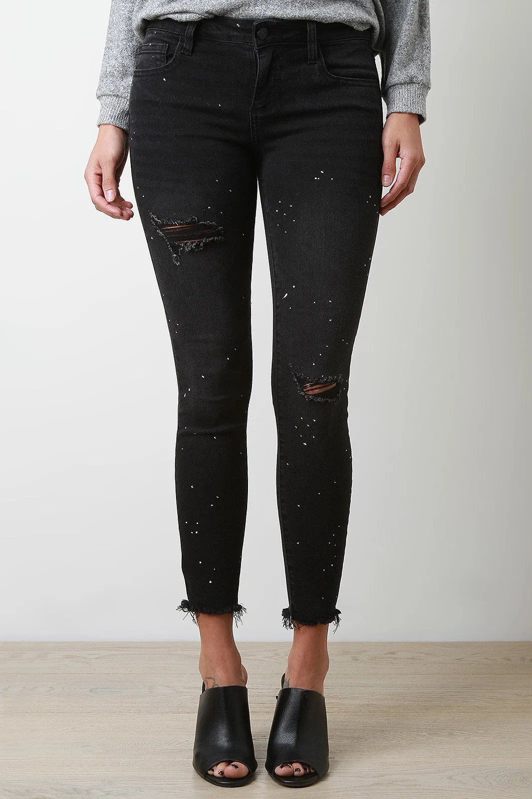 Splatter Crop Distress Denim Jeans