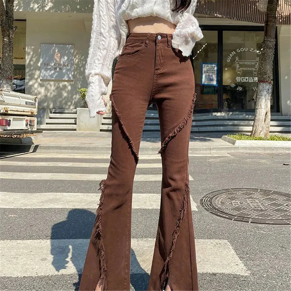 Split Tassels Solid High Waist Slim Elastic Brown Jean