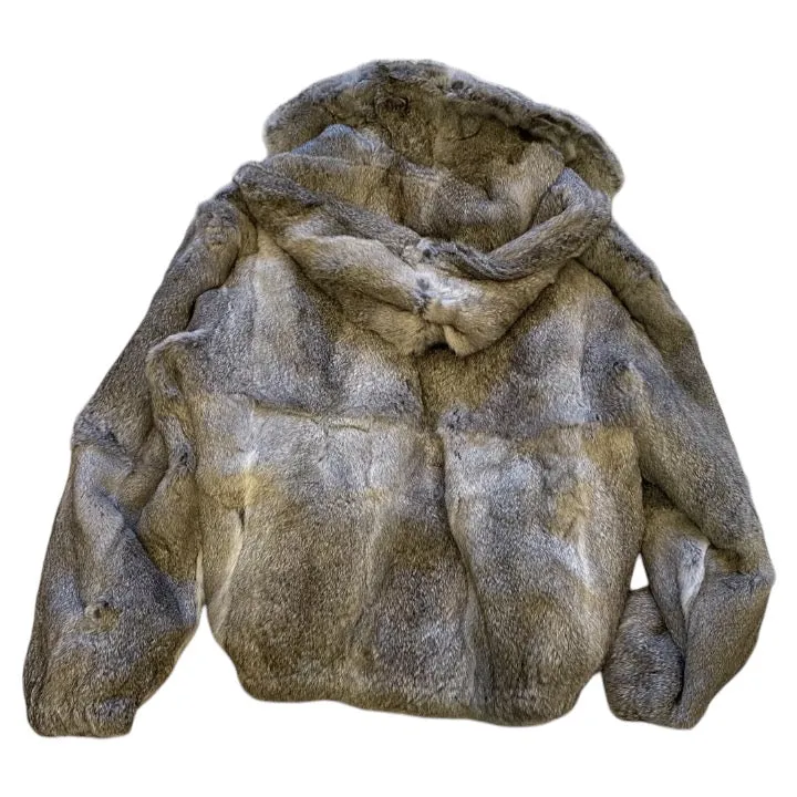 Stone Grey Fur Coat Men's Rabbit Fur Hooded Bomber Jacket for Men by Winter Fur