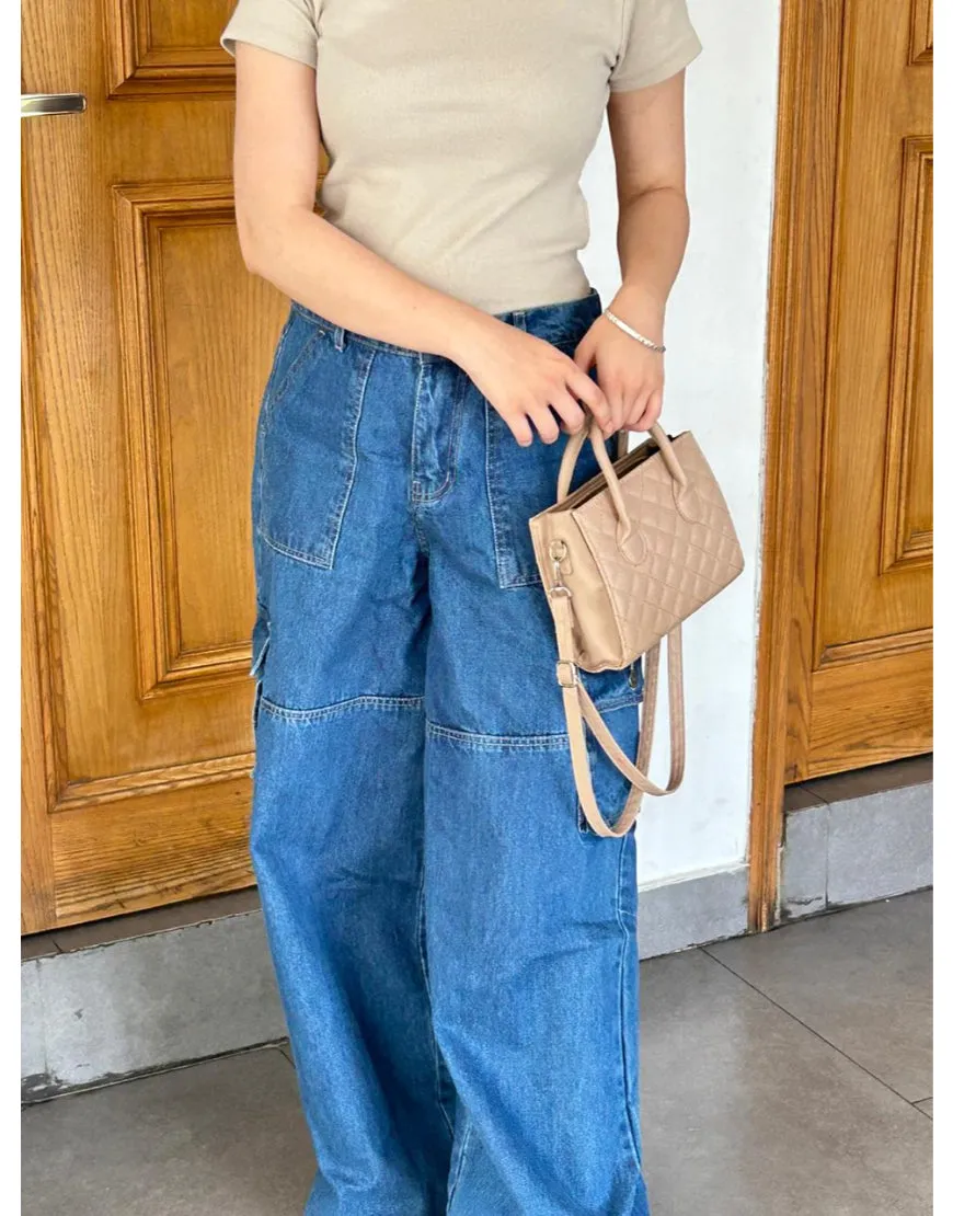 Super Wide Leg Cargo Flap Stone Blue