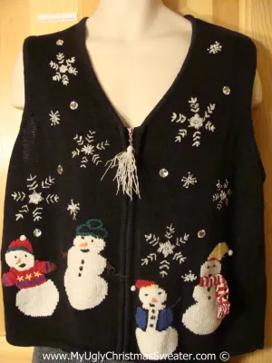 Tacky Christmas Sweater Party Ugly Sweater Vest with Tassle Zipper Pull and Four Festive Snowman Friends  (f988)