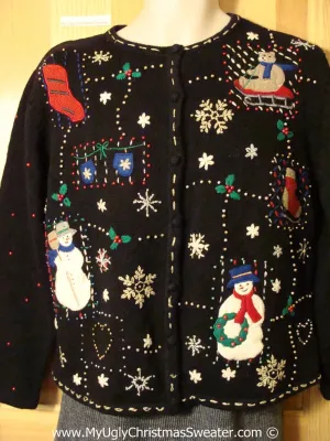 Tacky Christmas Sweater Party Ugly Sweater with Bling Beads and a Maze of Snowmen and Snowflakes (f814)