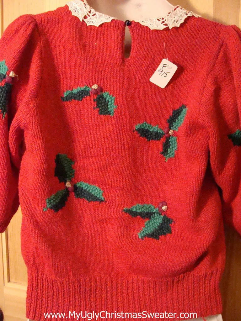 Tacky Ugly Christmas Sweater 2sided 80s Classic with Doily Faux Collar (f415)