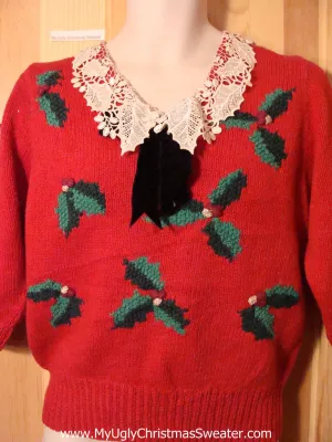 Tacky Ugly Christmas Sweater 2sided 80s Classic with Doily Faux Collar (f415)