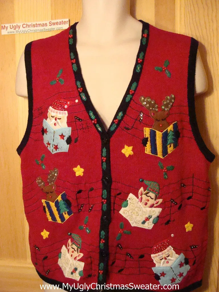 Tacky Ugly Christmas Sweater Vest Carolling Elves and Santa (f32)