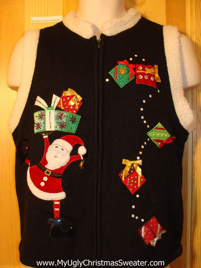 Tacky Ugly Christmas Sweater Vest Leaping Santa. Furry Collar. (f381)