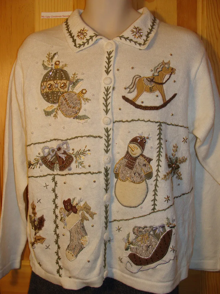 Tacky Ugly Christmas Sweater with a Rocking Horse, Snowman, Sleigh, Stocking and Bells (f452)