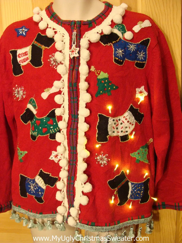 Tacky Ugly Christmas Sweater with Lights and Fringe. Festive Scottie Dogs (g5)