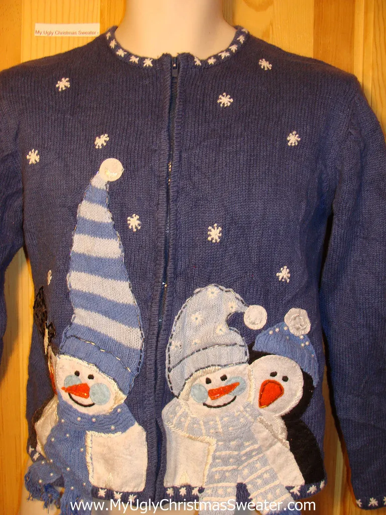 Tacky Ugly Christmas Sweater with Three Huge Carrot Nosed Snowmen with Hats (f289)