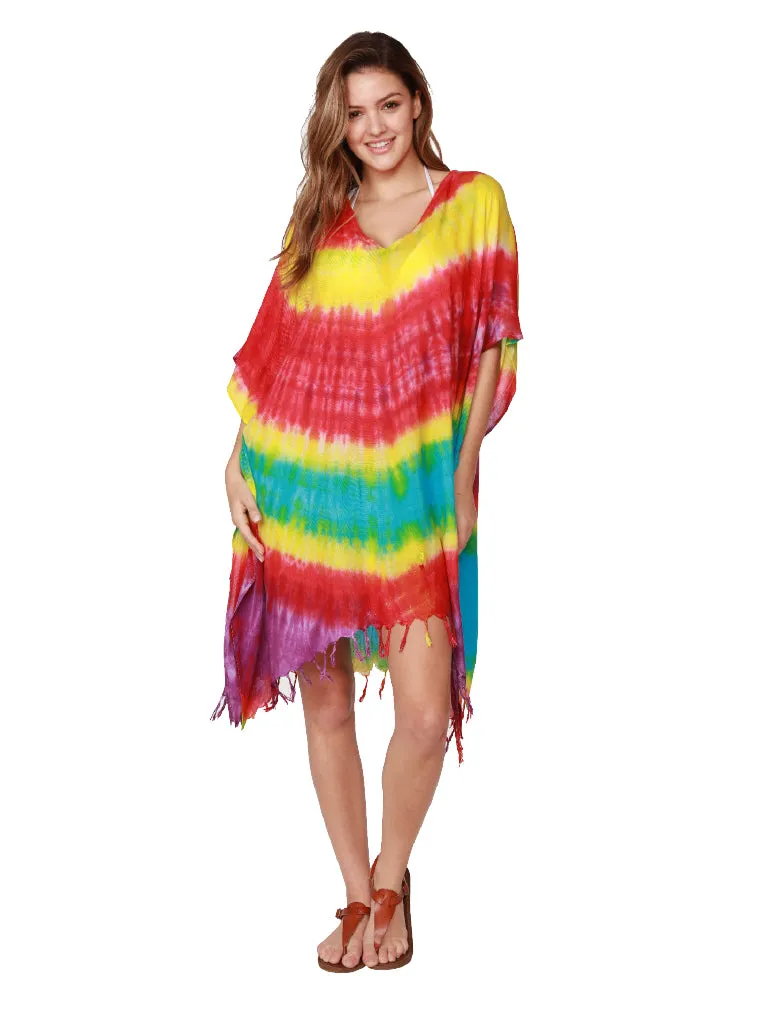 Tie-Dye V-neck Poncho with fringe bottom