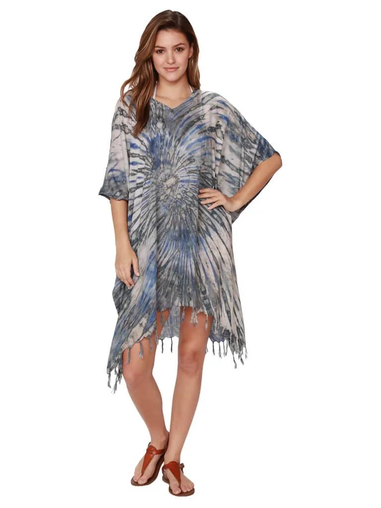 Tie-Dye V-neck Poncho with fringe bottom