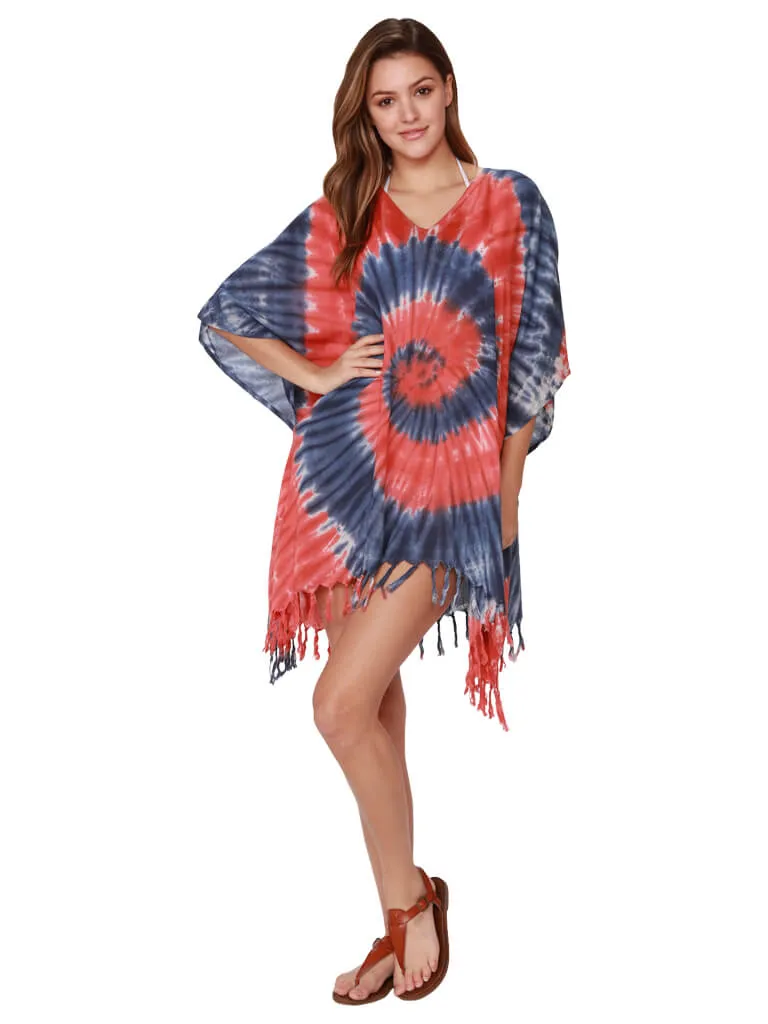 Tie-Dye V-neck Poncho with fringe bottom