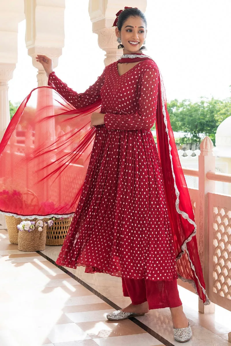 Trishika Red Lurex Flared Kurta With Pant & Dupatta