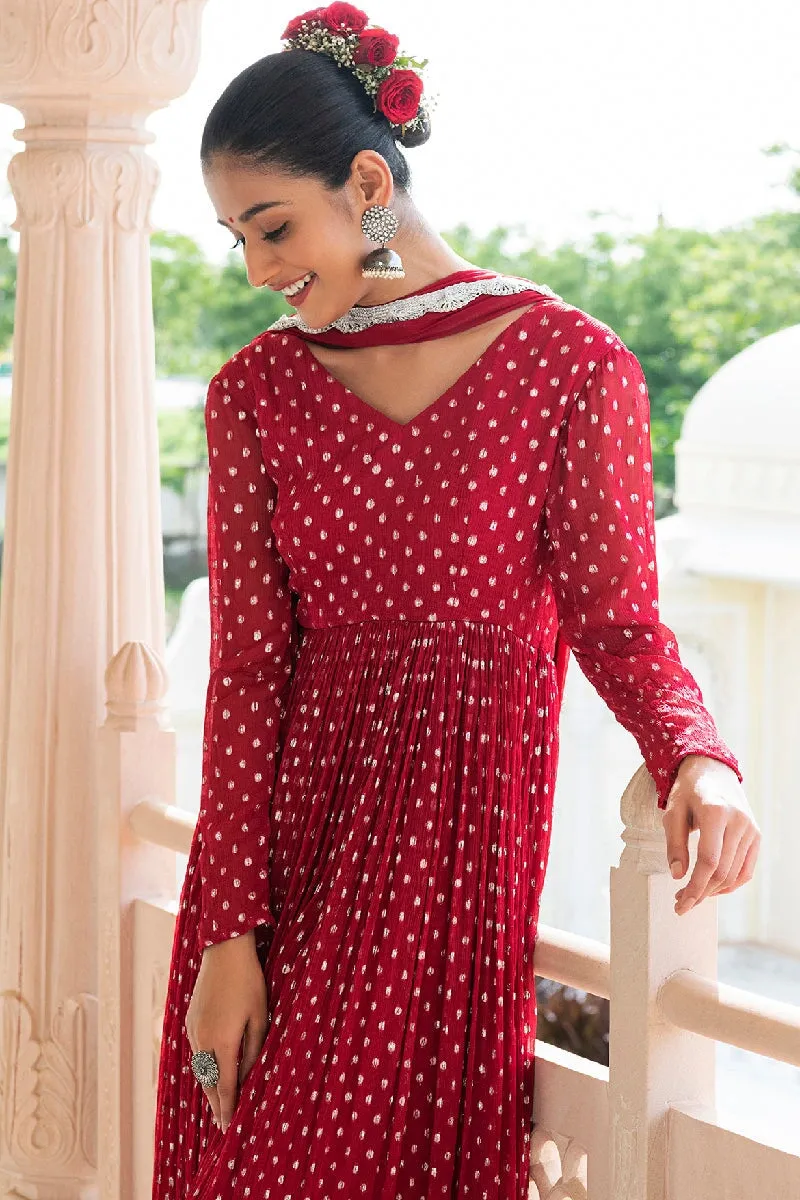 Trishika Red Lurex Flared Kurta With Pant & Dupatta