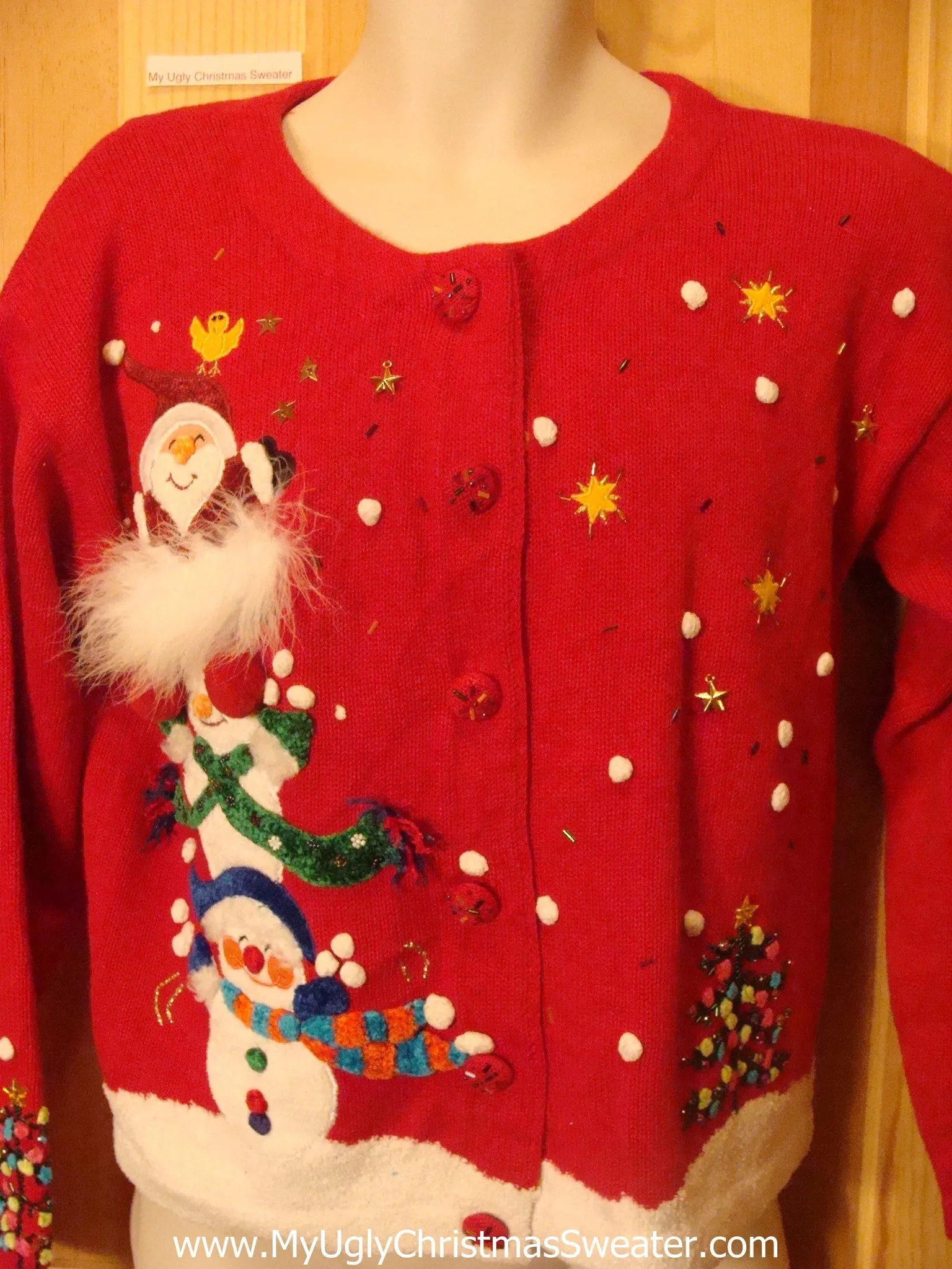 Ugly Christmas Sweater Fluffy 3D Santa and Snowmen