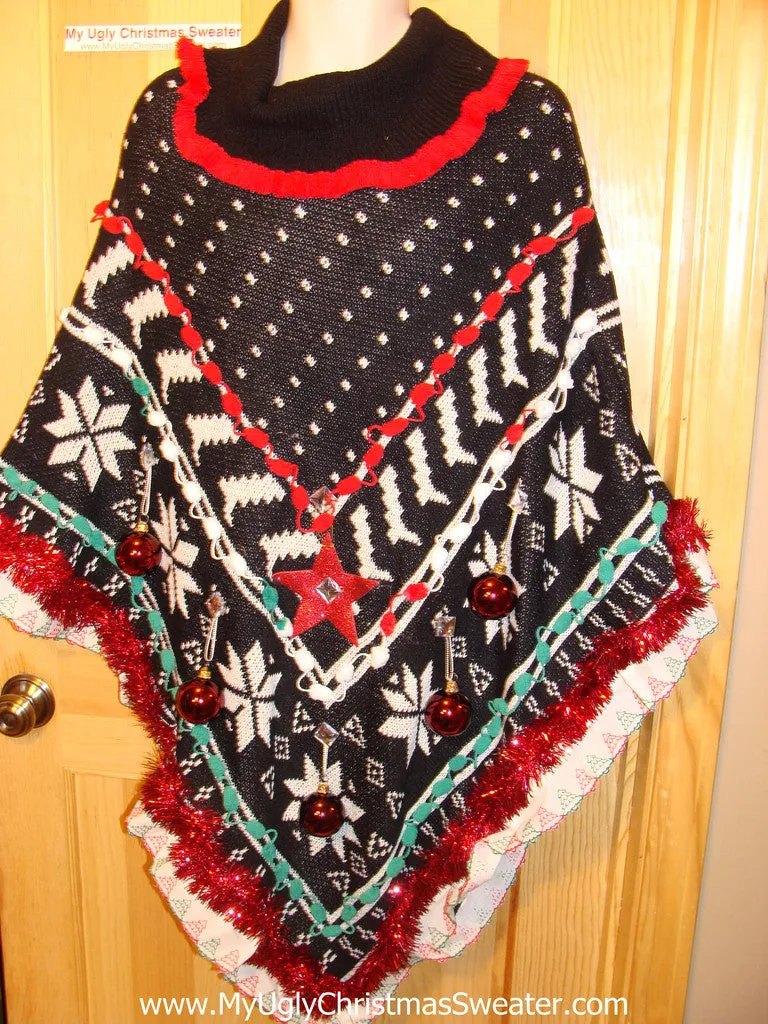 Ugly Christmas Sweater Party Holy Grail of Ugly Sweater Poncho with 3D Ornaments and Garland and Trims. Great Sweater Alternative for Mens XL, XXL or Mens XXXL  (z6)