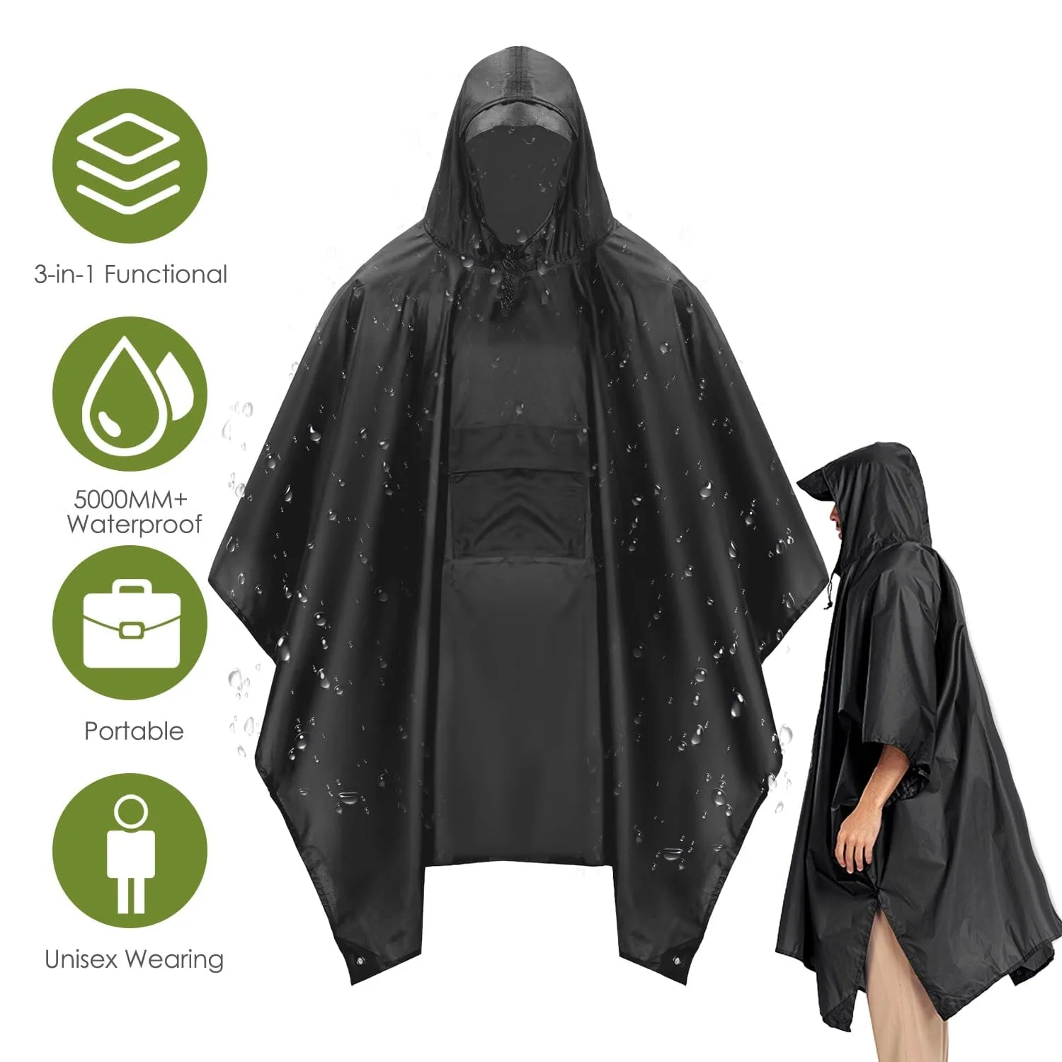 Unisex Hooded Rain Poncho with Pocket