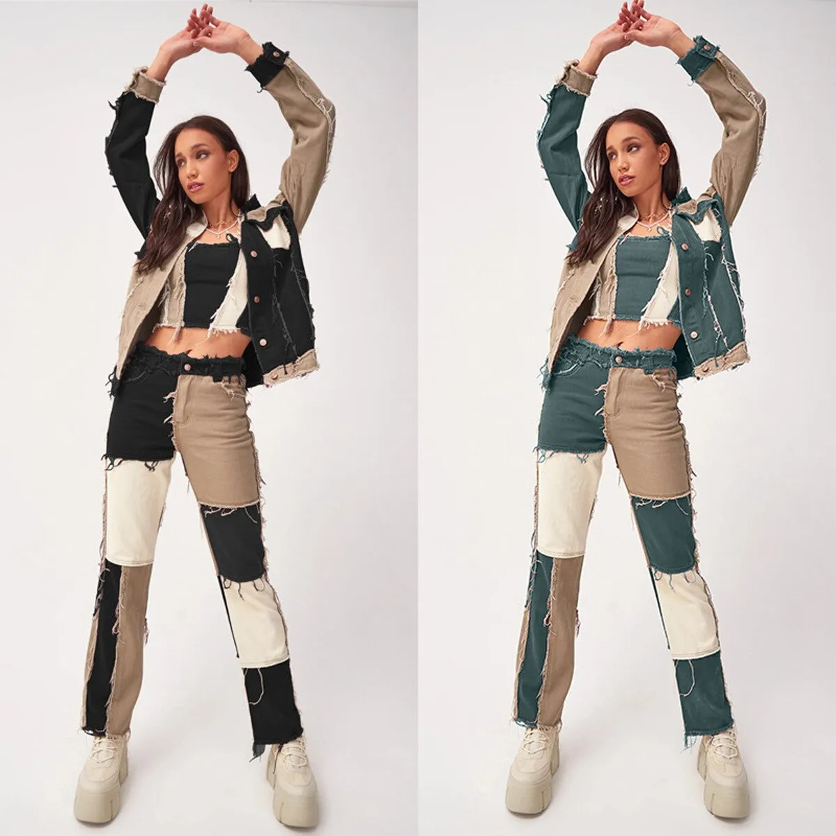 Uniwim Autumn Patchwork High Waist Straight Jeans Woman Pants Casual Denim Trousers Color Block Brown Streetwear Pants Jeans Woman