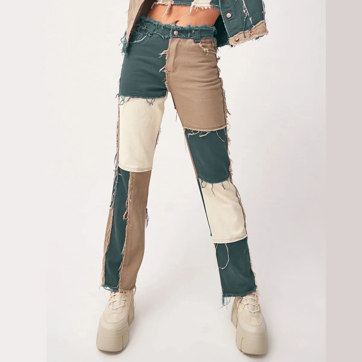 Uniwim Autumn Patchwork High Waist Straight Jeans Woman Pants Casual Denim Trousers Color Block Brown Streetwear Pants Jeans Woman