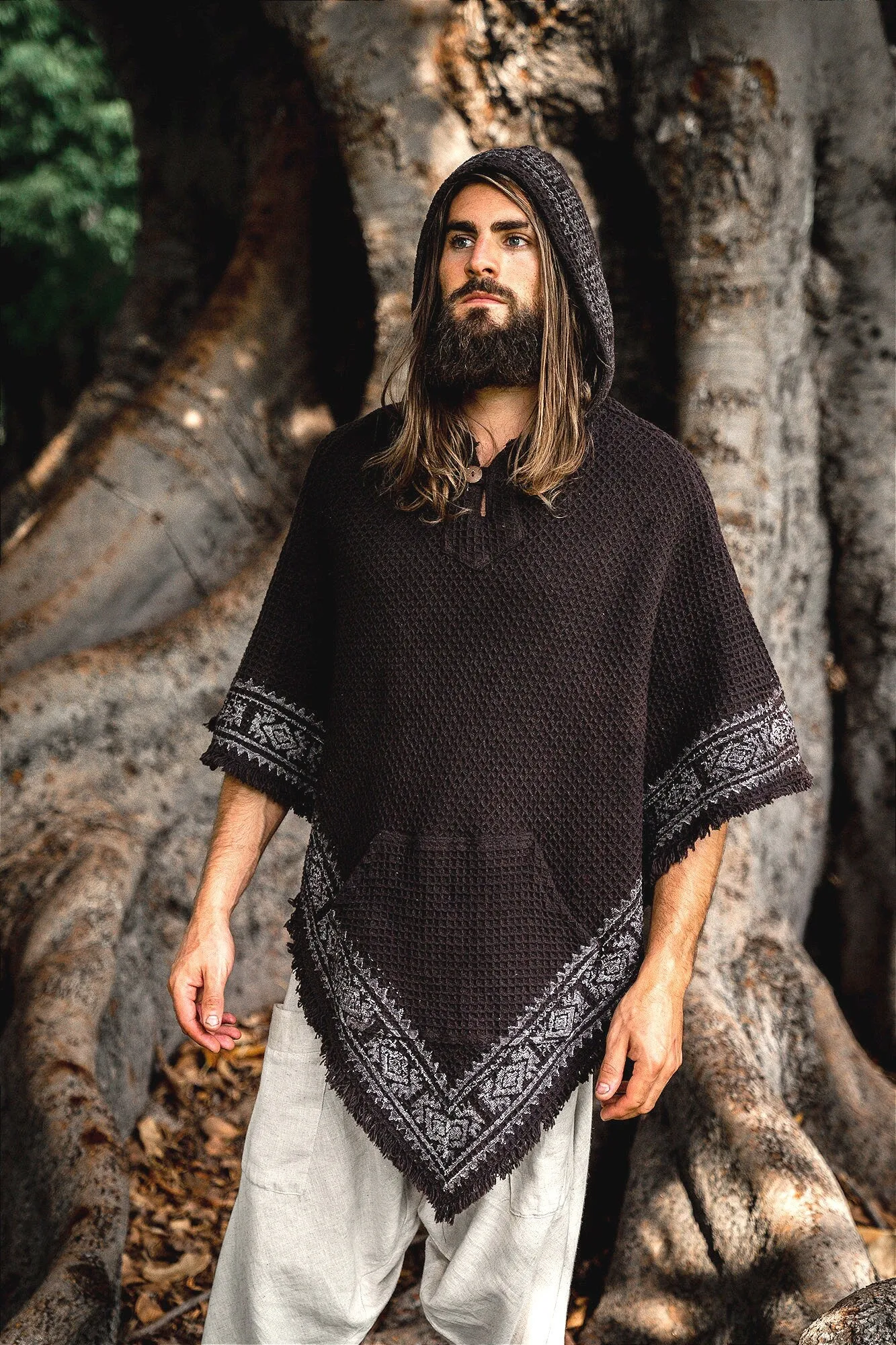 VECHO Poncho Beige Mens Hooded Vegan Textured Cotton with Hood Block Printed Tribal Pattern Gypsy Festival Boho ceremony ritual AJJAYA