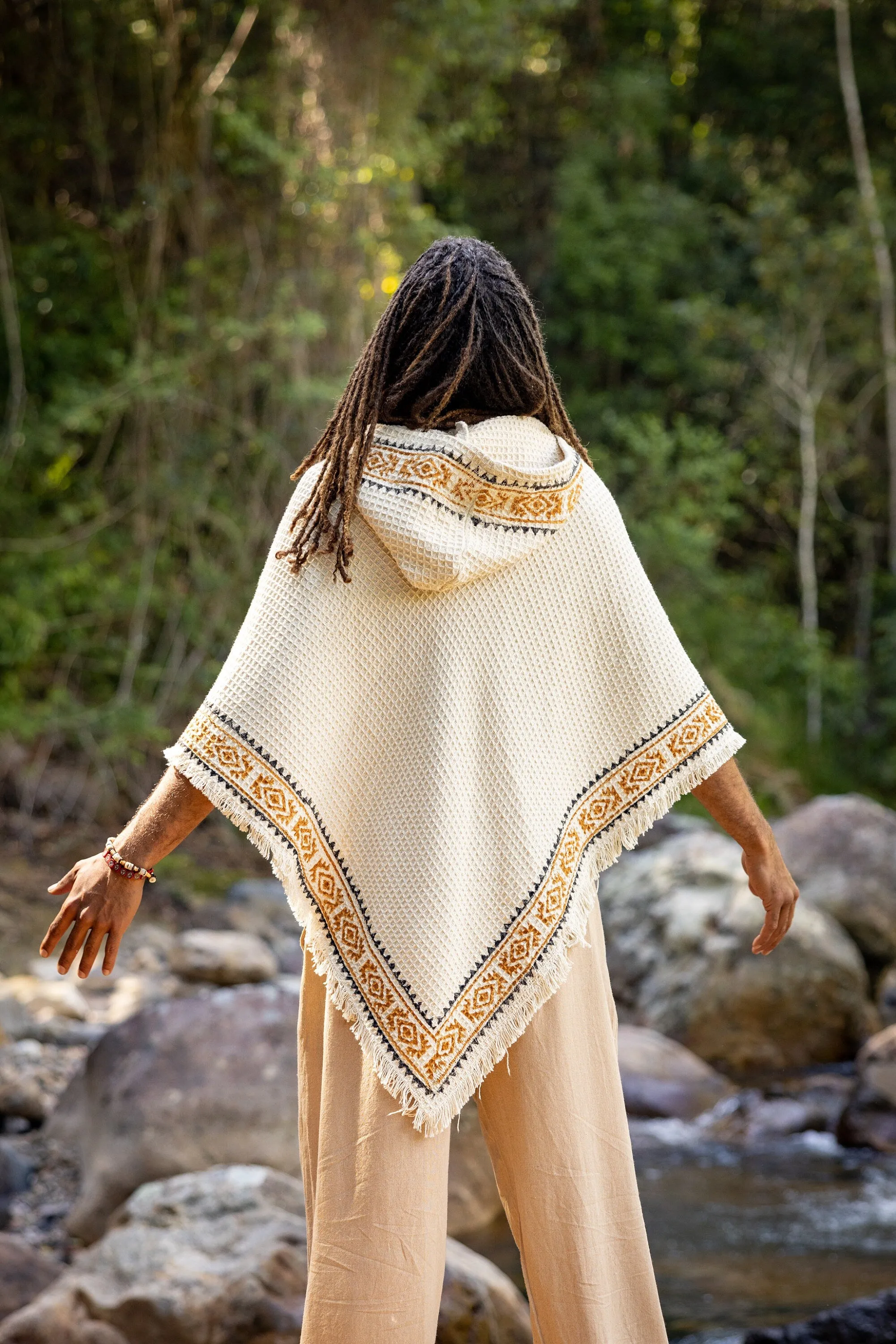 VECHO Poncho Beige Mens Hooded Vegan Textured Cotton with Hood Block Printed Tribal Pattern Gypsy Festival Boho ceremony ritual AJJAYA