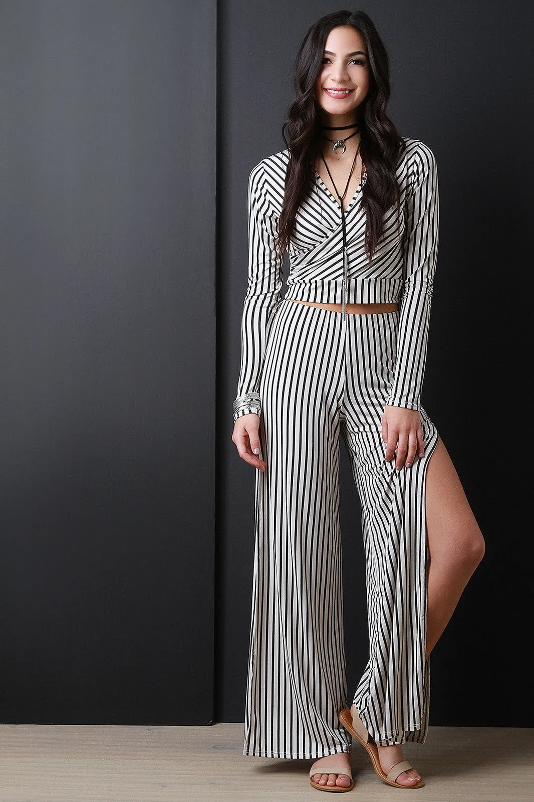 Vertical Stripe Slit Side Wide Leg Pants