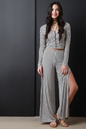 Vertical Stripe Slit Side Wide Leg Pants