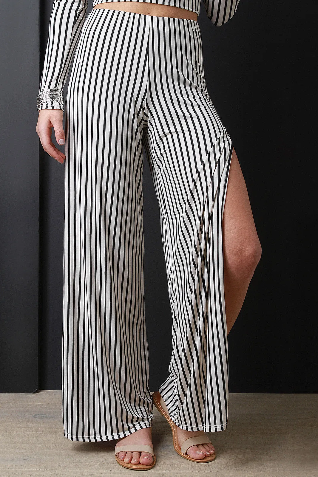 Vertical Stripe Slit Side Wide Leg Pants