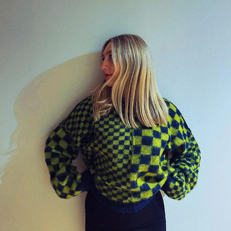 Vintage Checkered Pattern Long Sleeve Knitted Crop Sweater - Green