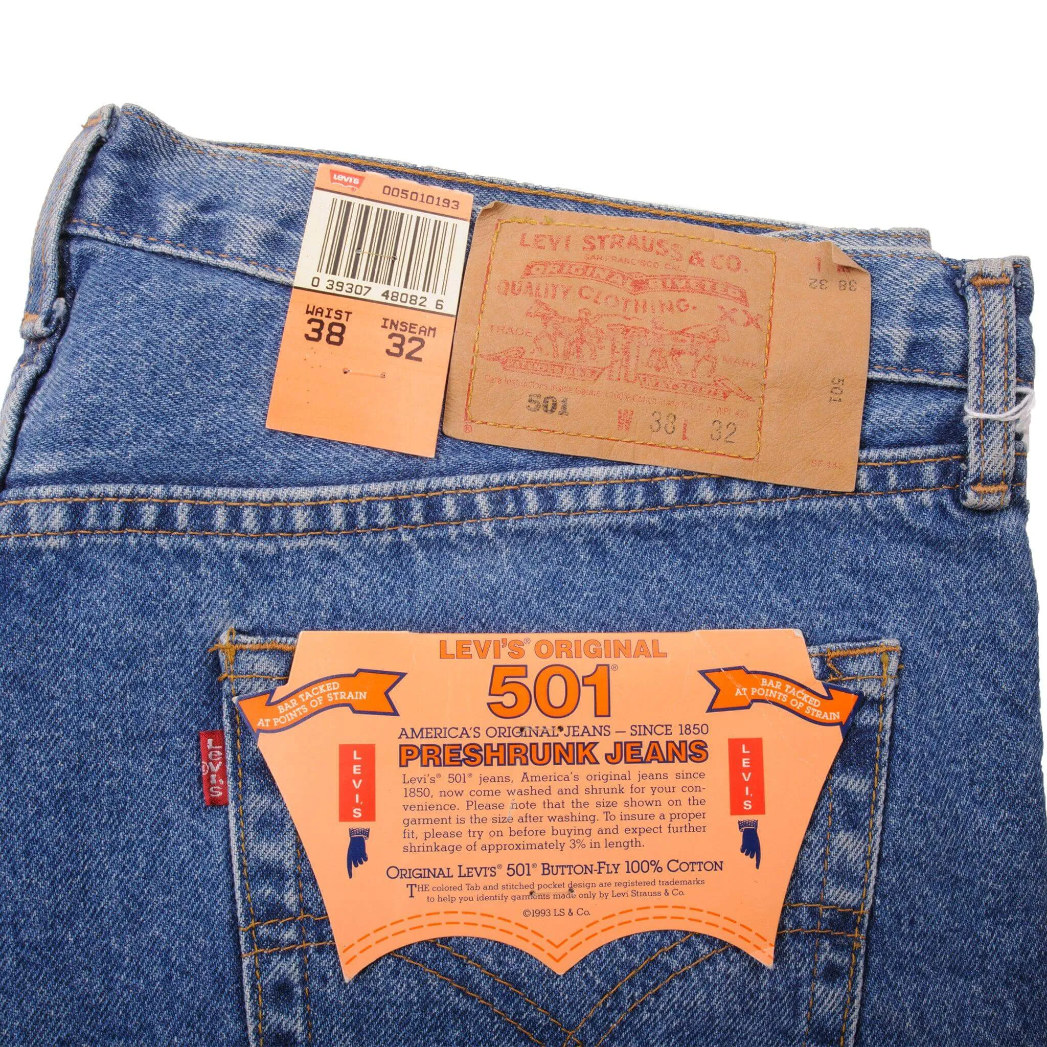 VINTAGE LEVIS 501 PRESHRUNK JEANS 1993 SIZE 38X32 W38 L32 MADE IN USA DEADSTOCK