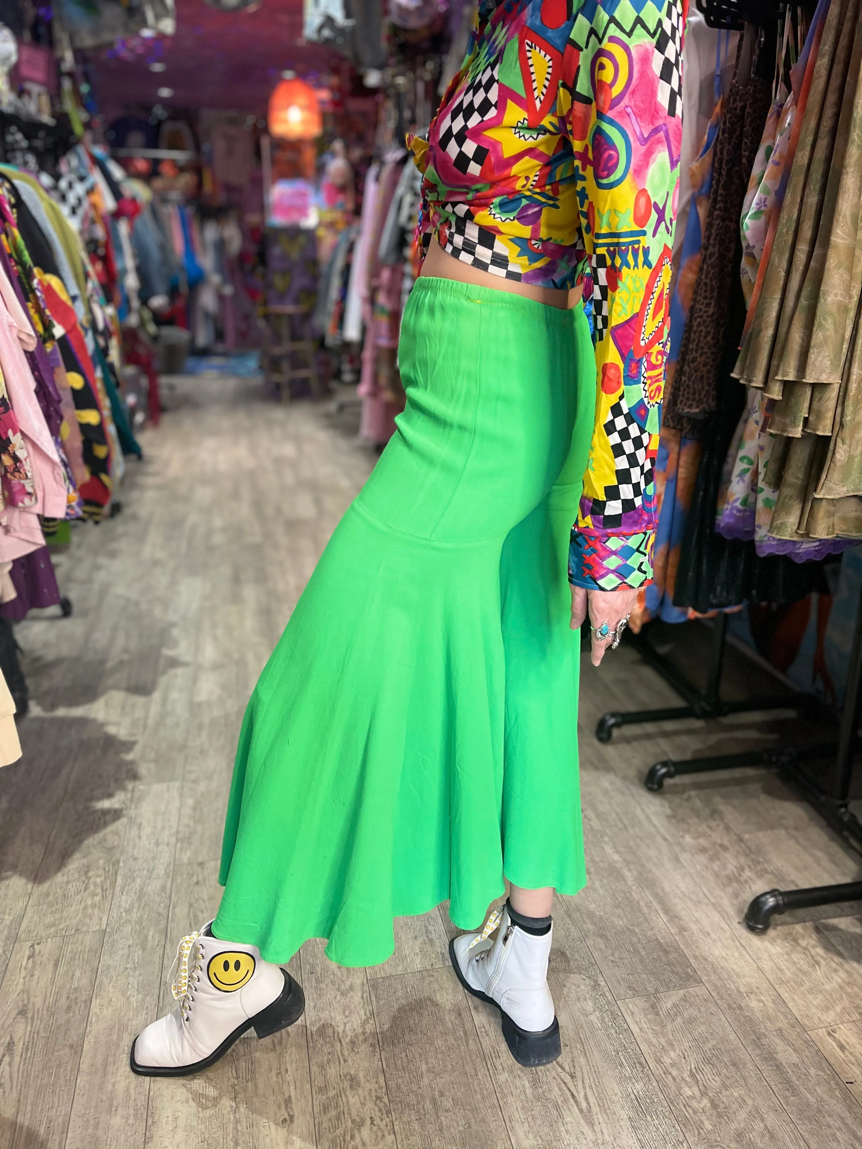 Vintage Lime Green Hippie Palazzo Bell Bottom Pants