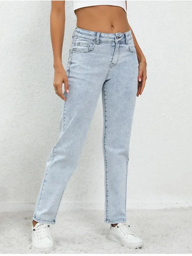 Vintage Mid Waisted Women Spring Summer Blue Wide Leg Streetwear Straight Jeans