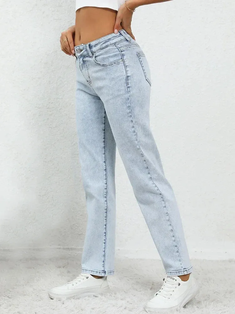 Vintage Mid Waisted Women Spring Summer Blue Wide Leg Streetwear Straight Jeans