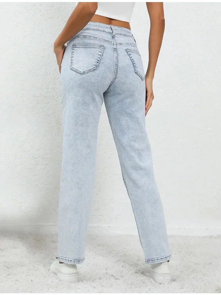 Vintage Mid Waisted Women Spring Summer Blue Wide Leg Streetwear Straight Jeans