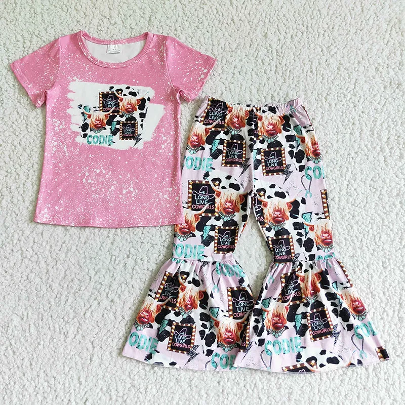 Wholesale Pink Suit Girls Short Sleeve Tie Dye Printing T-Shirt Flared Pants Children Kids Clothes