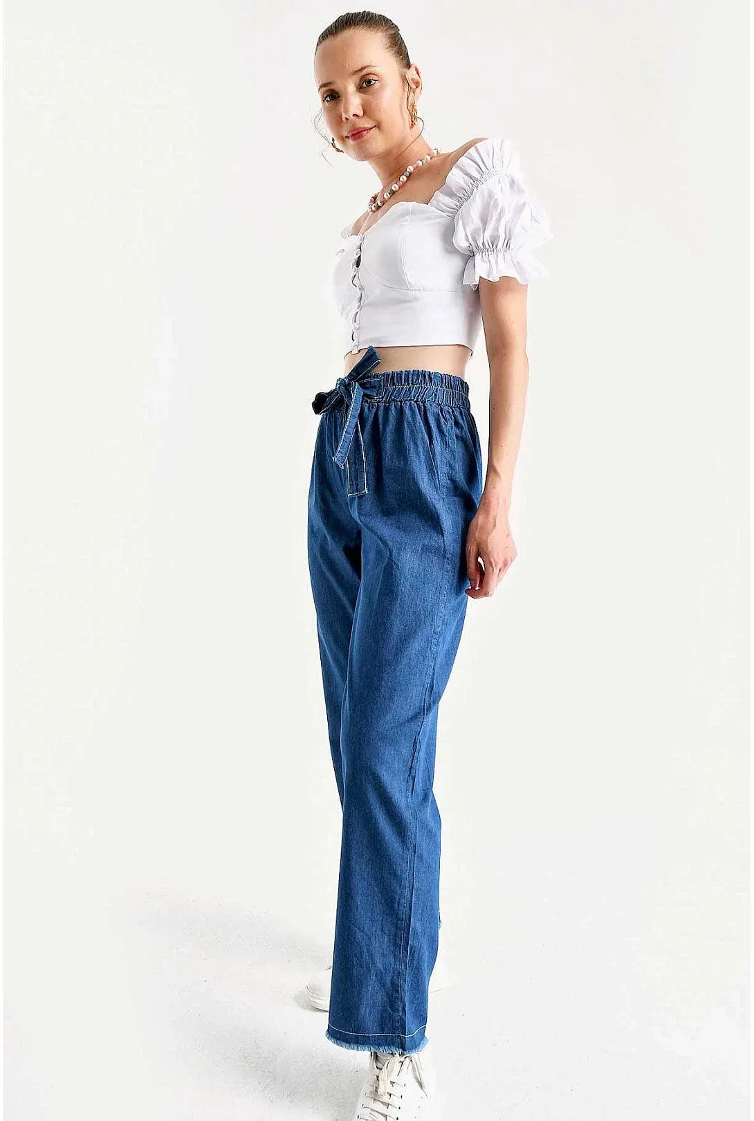 Wide Leg High Waist Womens Pants - Dark Blue