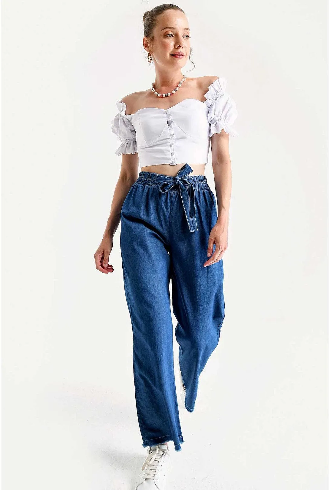 Wide Leg High Waist Womens Pants - Dark Blue