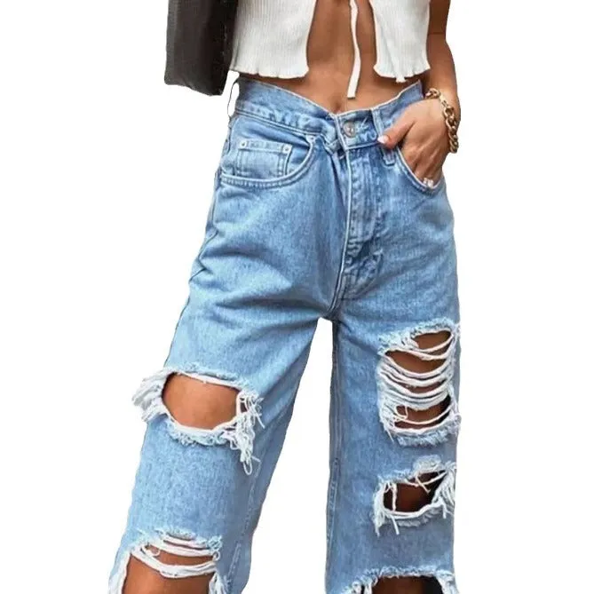 Wjczt back to school outfits High Quality Southeast Asian Women's Ripped Jeans Women's Straight Loose Jeans