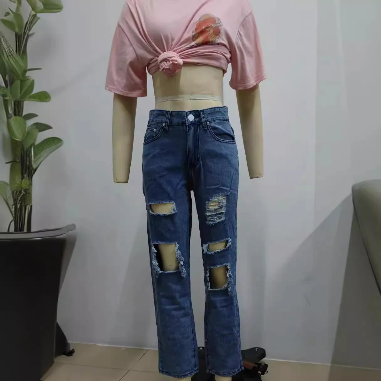 Wjczt back to school outfits High Quality Southeast Asian Women's Ripped Jeans Women's Straight Loose Jeans