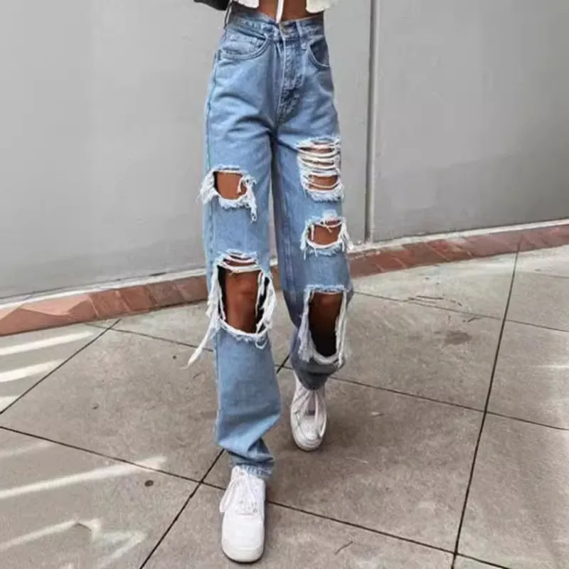 Wjczt back to school outfits High Quality Southeast Asian Women's Ripped Jeans Women's Straight Loose Jeans