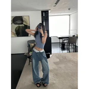 Wjczt y2k outfits American Retro Jeans Design Waist Head Flanging Loose Wide-Leg Pants Simple Casual Straight Pants Ins