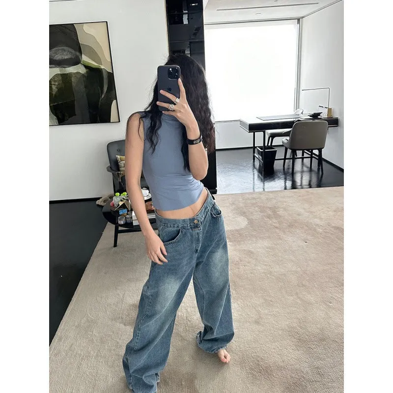 Wjczt y2k outfits American Retro Jeans Design Waist Head Flanging Loose Wide-Leg Pants Simple Casual Straight Pants Ins