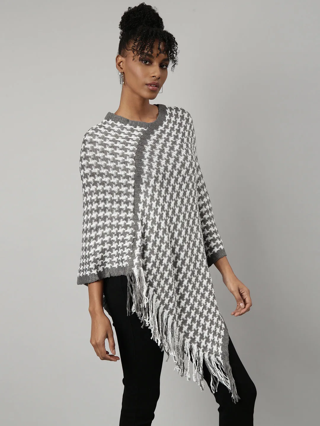 Women Geometric Grey Longline Poncho