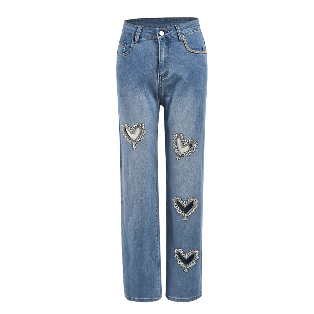 Women Straight Heart Diamond Hollow Out Pockets Vintage Denim Trousers Casual Y2K Harajuku Vintage Fashion 2024 Jeans