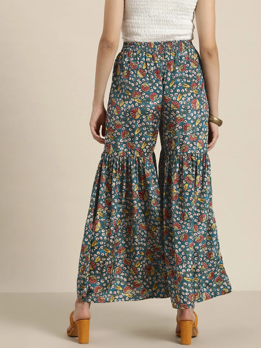 Women Teal Floral Gathered Sharara Pants