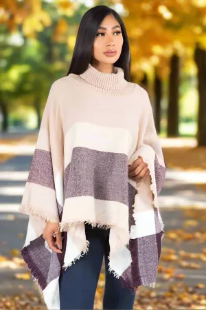 Womens Beige Brown Plaid Sweater Poncho, Striped Poncho, One Size, Beige/Brown/White