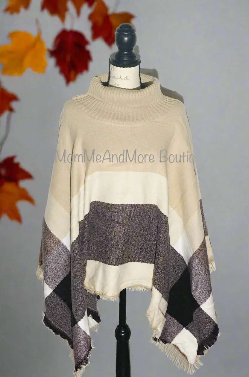 Womens Beige Brown Plaid Sweater Poncho, Striped Poncho, One Size, Beige/Brown/White