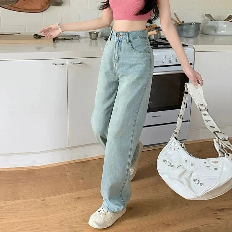 Women's Design High-Waisted Outwear Pear-Shaped Wide-Legged Trailing Long Jeans