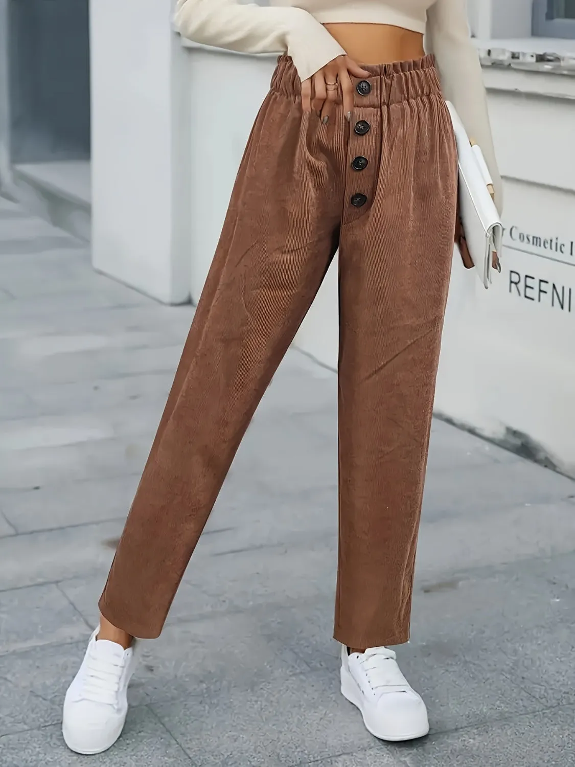 Women's High Waist Decorative Button Pants